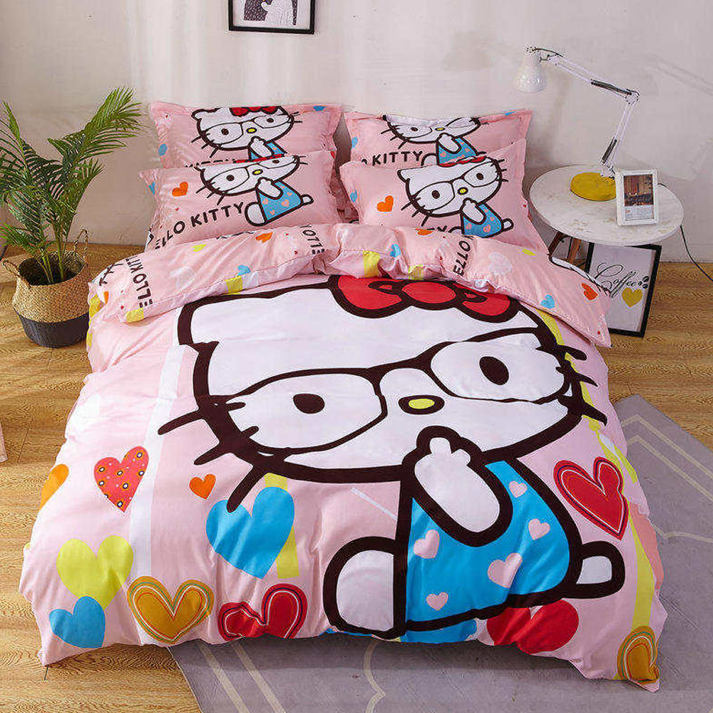 Hello Kitty  #5303 3 Pieces  100% Cotton Fitted sheet & Duvet cover sets 