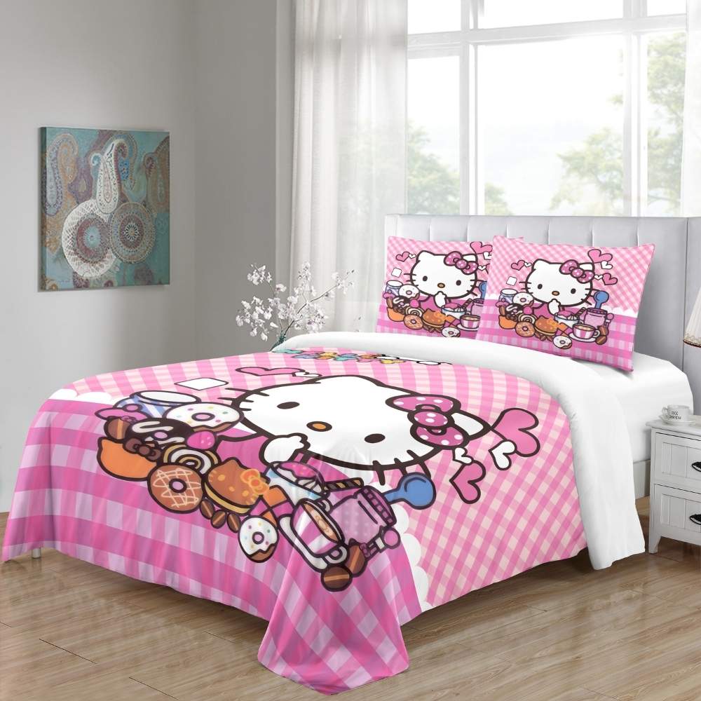 Hello Kitty  #5303 3 Pieces  100% Cotton Fitted sheet & Duvet cover sets 